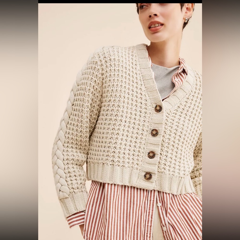 Anthropology Dot and Lu Braided Sleeve Boxy Cardigan.